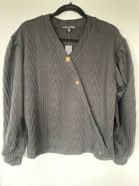 Adrienne Vittadini black Knit Wrap Sweater with Gold Buttons